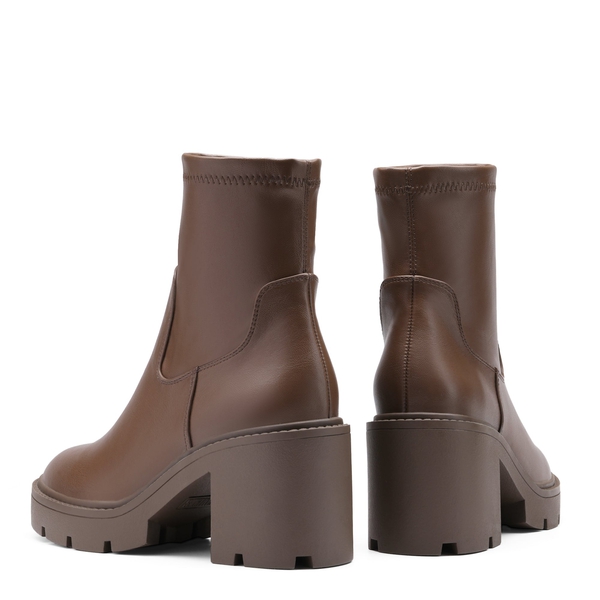Elastic Chunky Heel Lug Sole Booties - BROWN PU - 3